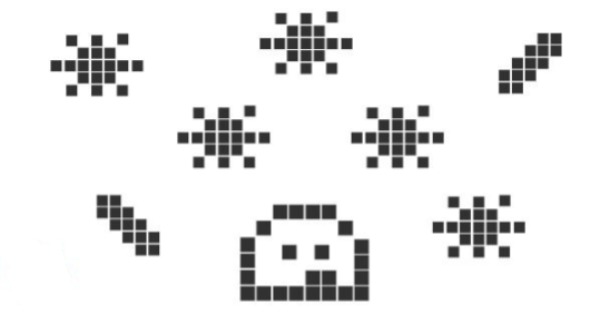 Ilustração pixel art minimalista de micróbios.
