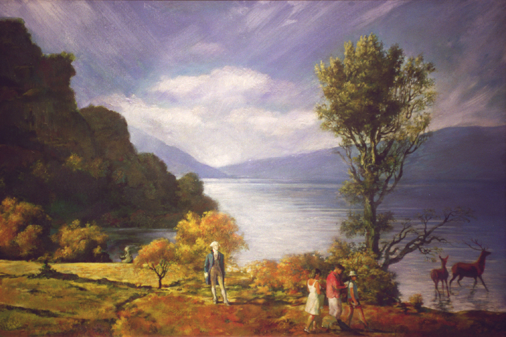 Uma pintura de uma paisagem com árvores e um lago ao fundo. Há pessoas andando sobre o solo.