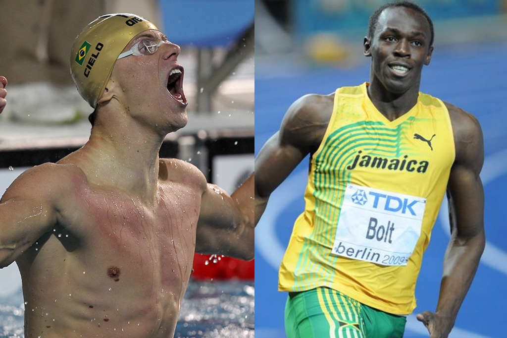À esquerda, o nadador Cesar Cielo e, à direita, o velocista Usain Bolt.