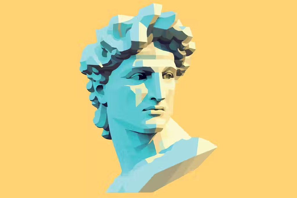 Ilustração de um busto grego em um fundo amarelo.