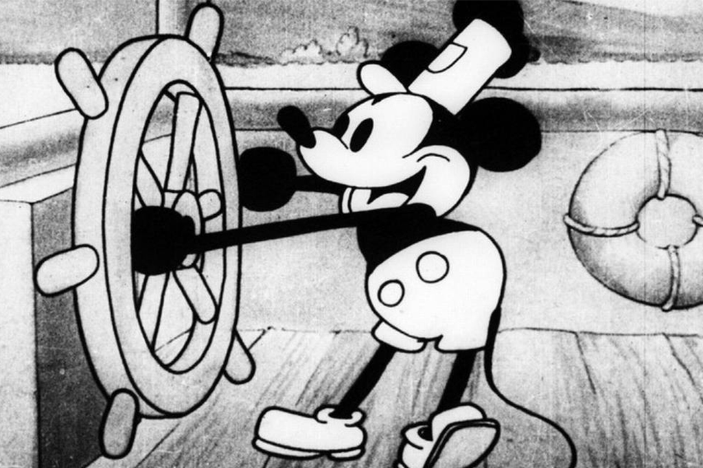 Cena do curta metragem "O vapor Willie" em que o Mickey Mouse pilota um barco