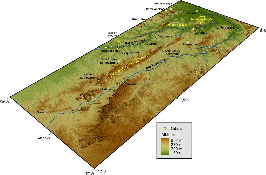 Figura 1 – Mapa Modelo digital do terreno-Araguaia Figura 1 – Imagem do Modelo Digital do Terreno da região centro norte do Brasil, incluindo parte dos estados do Pará e Tocantins, destacando-se os remanescentes da cadeia de montanhas formada no final do Ciclo Tectônico Brasiliano, cujos registros são a Serra das Cordilheiras, Serra do Estrondo, Serra do Quatipuru, Serra do Tapa e Serra das Andorinhas-Martírios que se encontram isoladas entre os vales dos rios Tocantins e Araguaia.