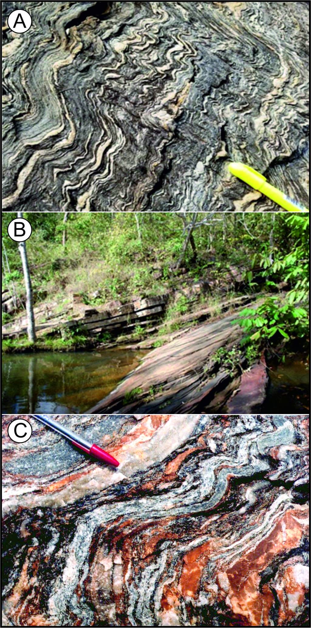 Figura 4 Fotos Rochas metamorficas-Araguaia Figura 4 – Rochas metamórficas do Cinturão Araguaia, representando originalmente a sucessão sedimentar do Oceano Araguaia: A) Micaxisto deformado, destacando dobramentos resultantes de processos de metamorfismo e tectônica relacionados à fase colisional do Orógeno Araguaia; B) Quartzitos acamadados com estratificação cruzada; C) Leitos de mármores alternados com micaxistos dobrados.