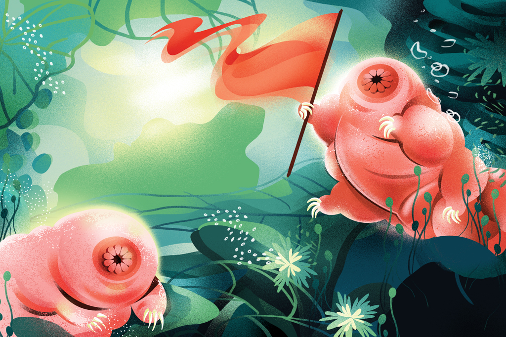 Ilustração colorida de tardígrados. Seres microscópicos e rechonchudos, primos dos artrópodes, capazes de sobreviver no vácuo do espaço sideral.