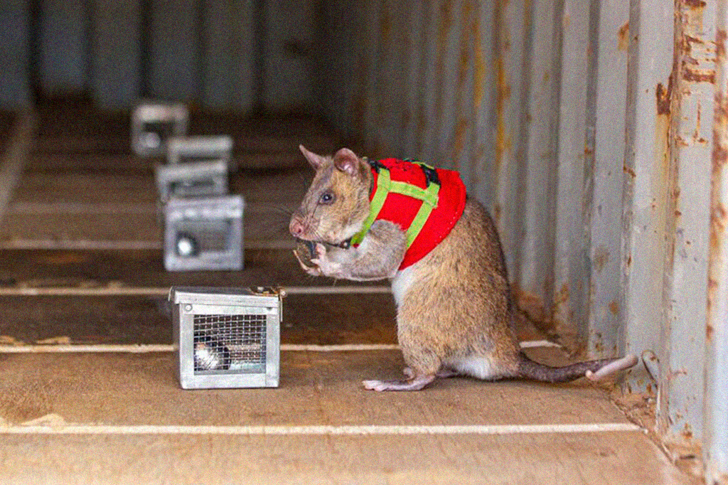 Foto de um ratinho de colete dentro de um contêiner.