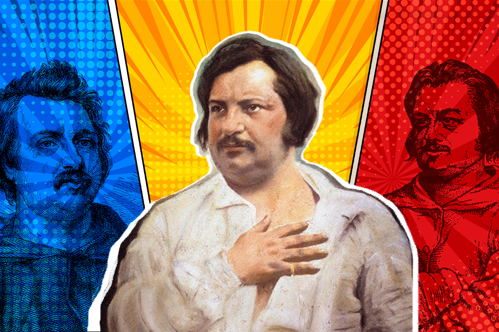 Montagem do Honoré de Balzac com fundo de HQ,.
