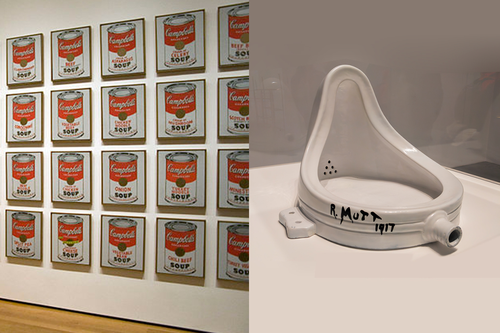 2311-art-layout_site2 Legenda Uma foto da reprodução de Fountain, de Marcel Duchamp, exibida na Tate Modern, em Londres.Latas de sopa Campbell's, obra de Andy Warhol, no Museu de Arte Moderna, MOMA.