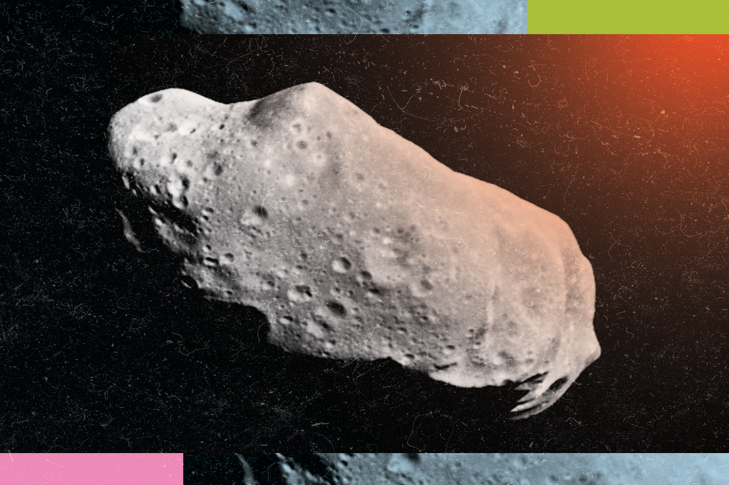 Imagem de um asteroide voando no espaço sideral.