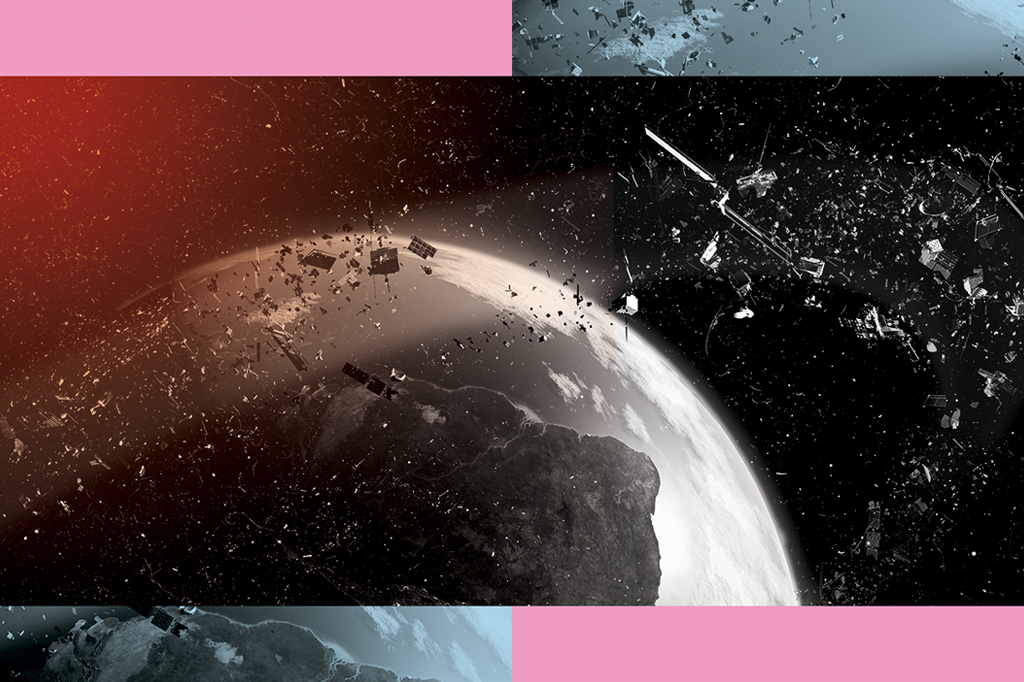 Imagem de fragmentos de satélites orbitando o planeta Terra.