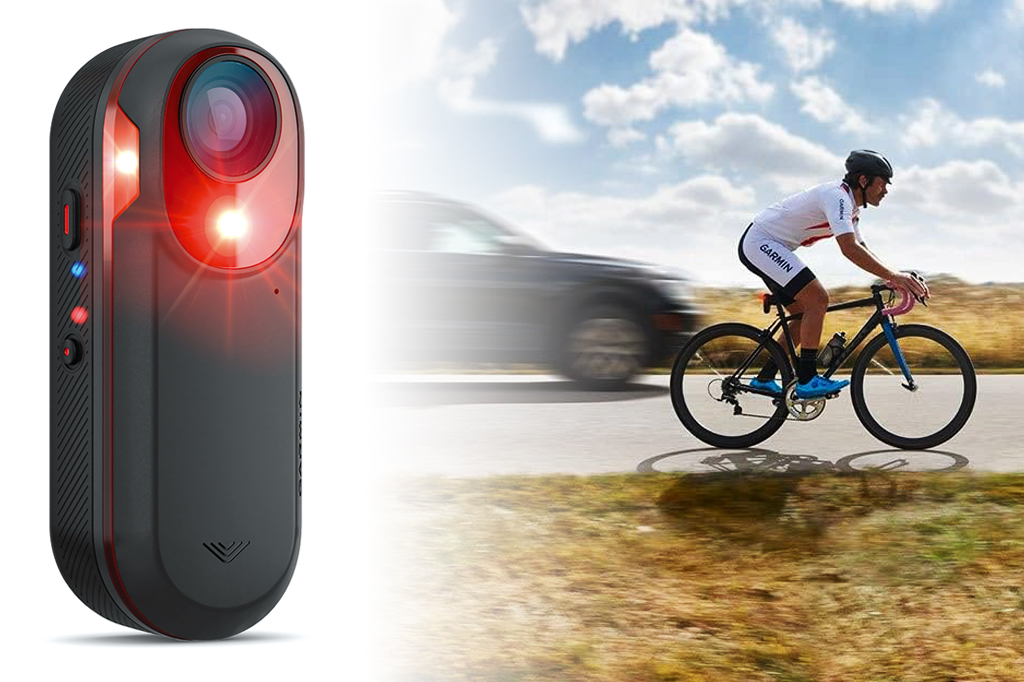 SI_469_Tech_GarminVaria_lanterna Imagem em destaque da A Garmin Varia RTL516 – uma luz traseira para bicicleta. Ao fundo, um ciclista pelando pela estrada acompanahdo por um carro.