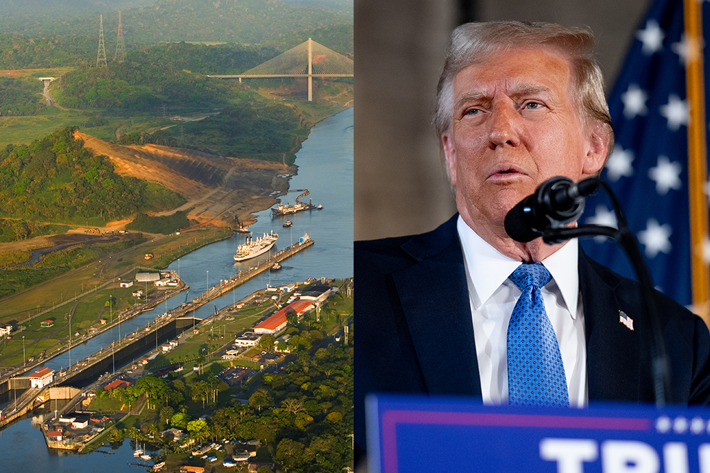 Montagem do Canal do Panamá com a foto do Trump do lado.