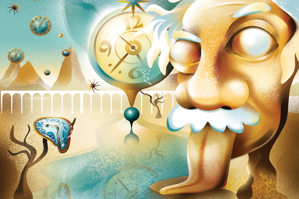 Ilustração surrealista de Albert Einstein e um relógio derretido.