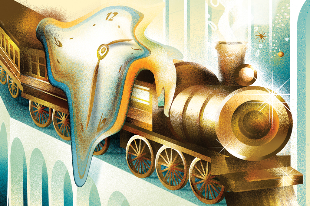SI_470_Einstein_3 Ilustração surrealista de um trem a vapor e um relógio derretido.