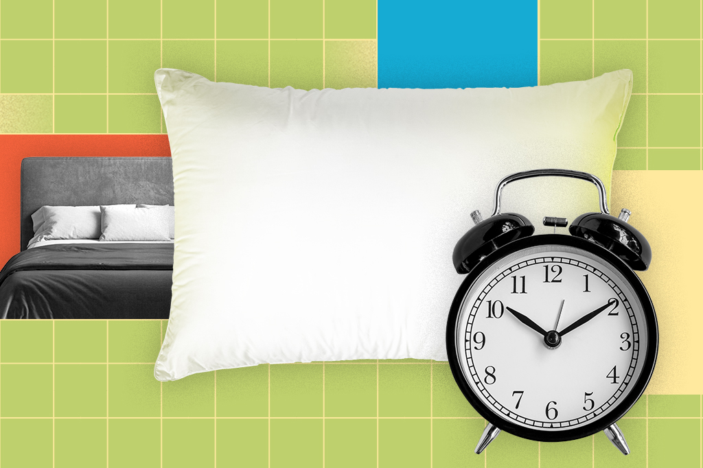 Colagem, com grid amarelo em fundo verde, composta de um relógio, um travesseiro e uma cama.