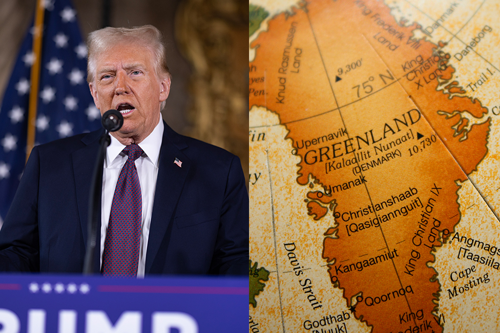 Foto do Trump com o mapa da Gronelândia.