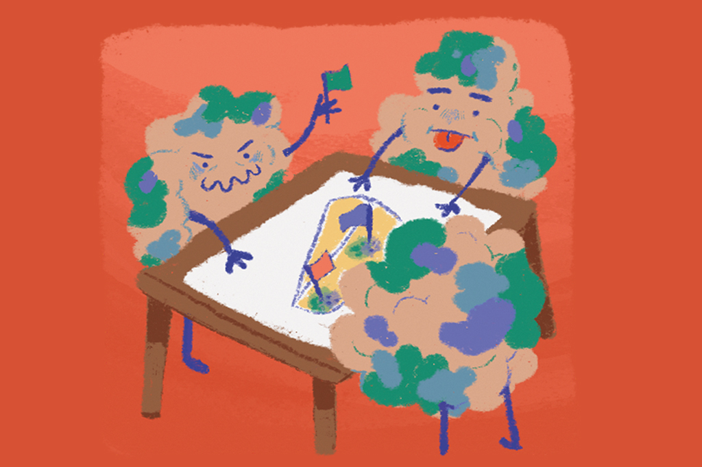 Ilustração cômica de três mofos consultando um mapa em cima da mesa.