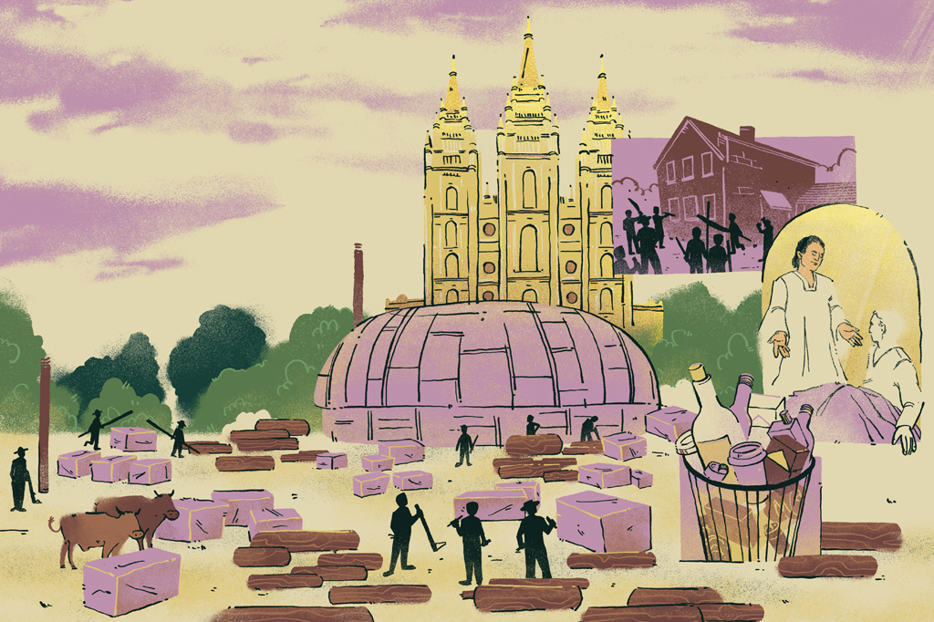 Ilustração de pessoas construindo uma igreja num local recém desmatado.