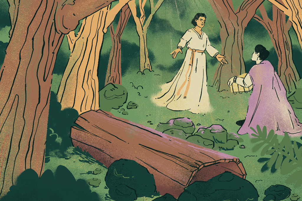 SI_472_Mórmons_1 Ilustração de duas pessoas num bosque.