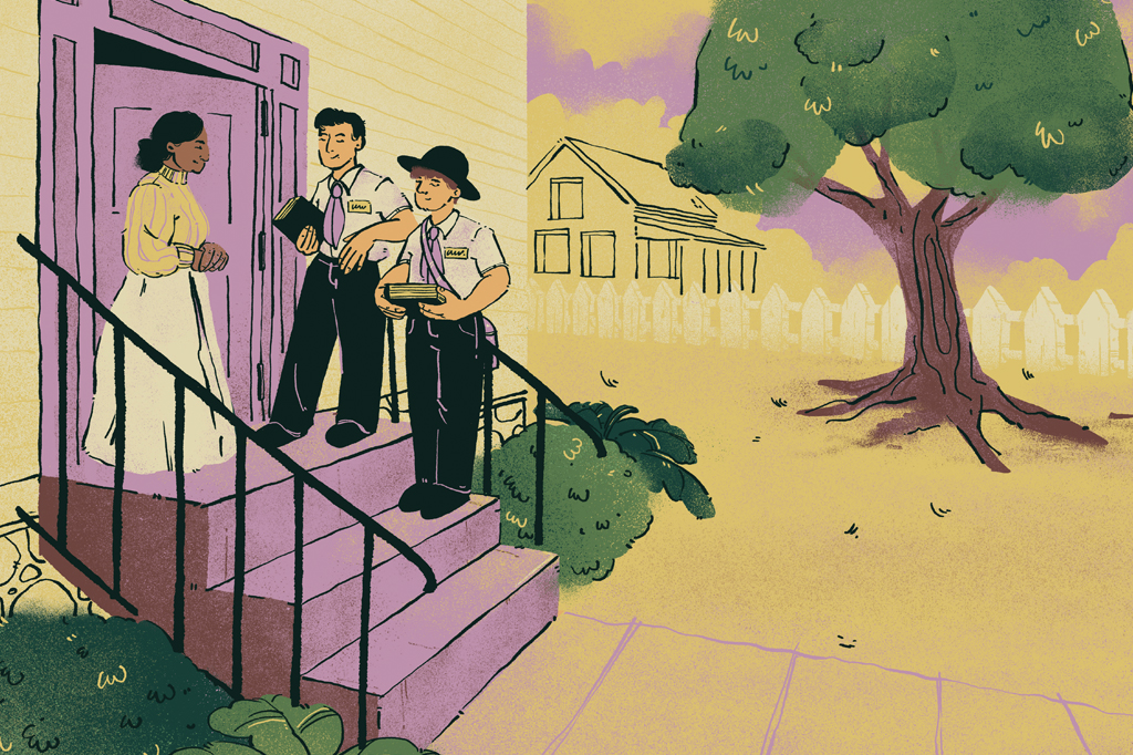 SI_472_Mórmons_2 Ilustração de uma senhora recebendo dois jovens mórmons na porta de casa.