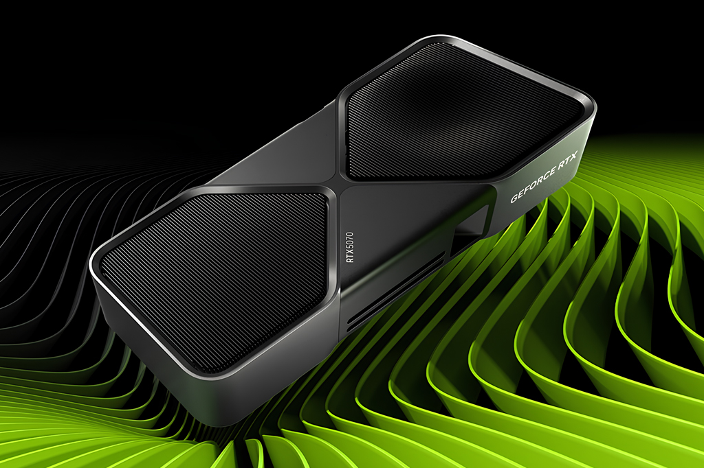 SI_472_Tech_Nvidia_RTX5070 Imagem da placa de vídeo RTX 5070, da Nvidia, em fundo com grafismo ondulado verde.