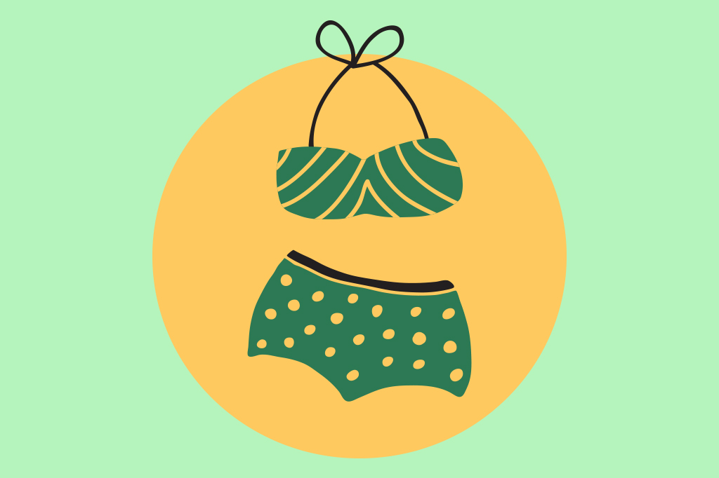 SI_473_Oráculo_Berlinda_1 Ilustração, em fundo verde, de um biquini de bolinha amarelinha que mal caberia na Ana Maria.