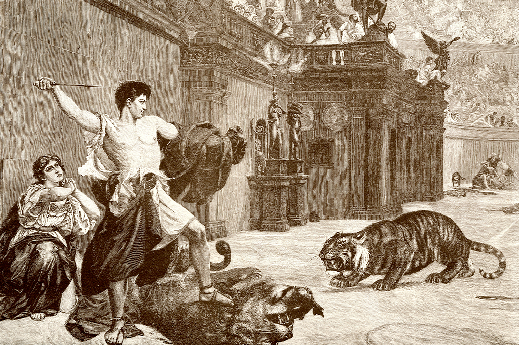 Gravura antiga mostrando um homem salvando uma mulher de um leão e um tigre na Arena Romana.