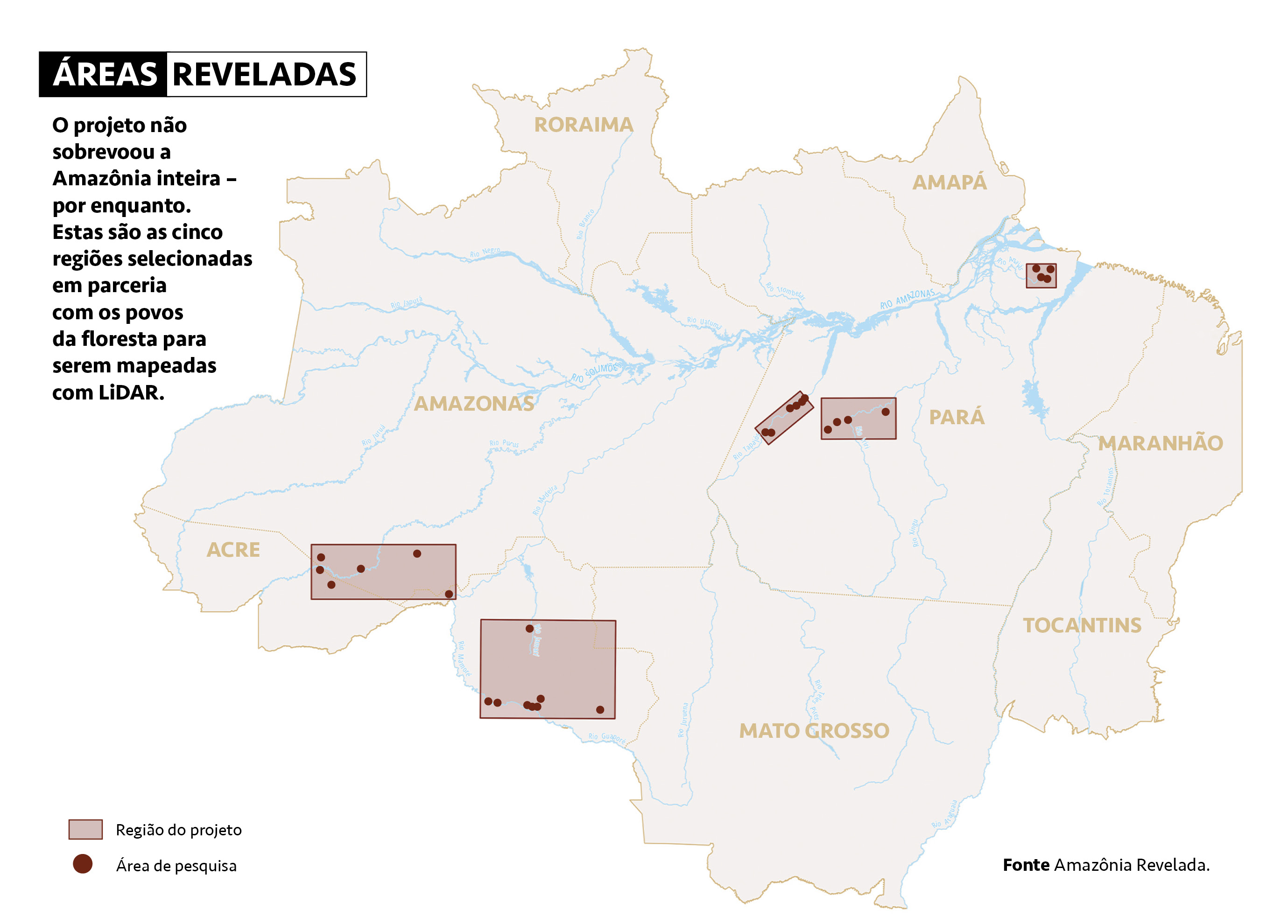 Mapa, em branco, da regi&atilde;o amaz&ocirc;nica, com o registro de regi&otilde;es monitoradas pelo projeto LiDAR.