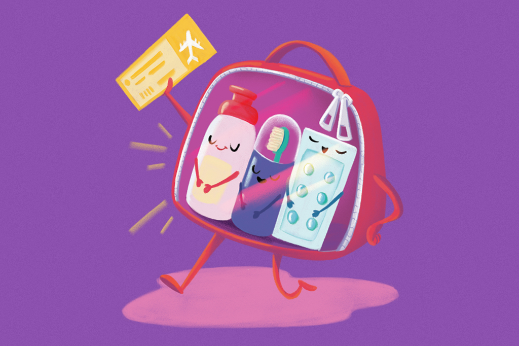 SI_474_Oráculo_Manual_3 Ilustração cômica, em fundo lilás, de uma pequena bolsa, contendo itens de higiene, segurando uma passagem aérea.