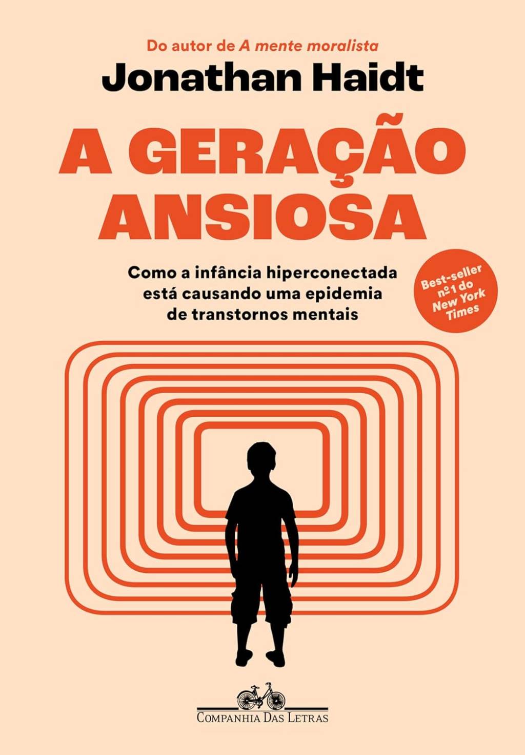 capa do livro geração ansiosa. a silhueta de uma criança aparece no centro, de frente para múltiplas telas. a cor predominante é o laranja