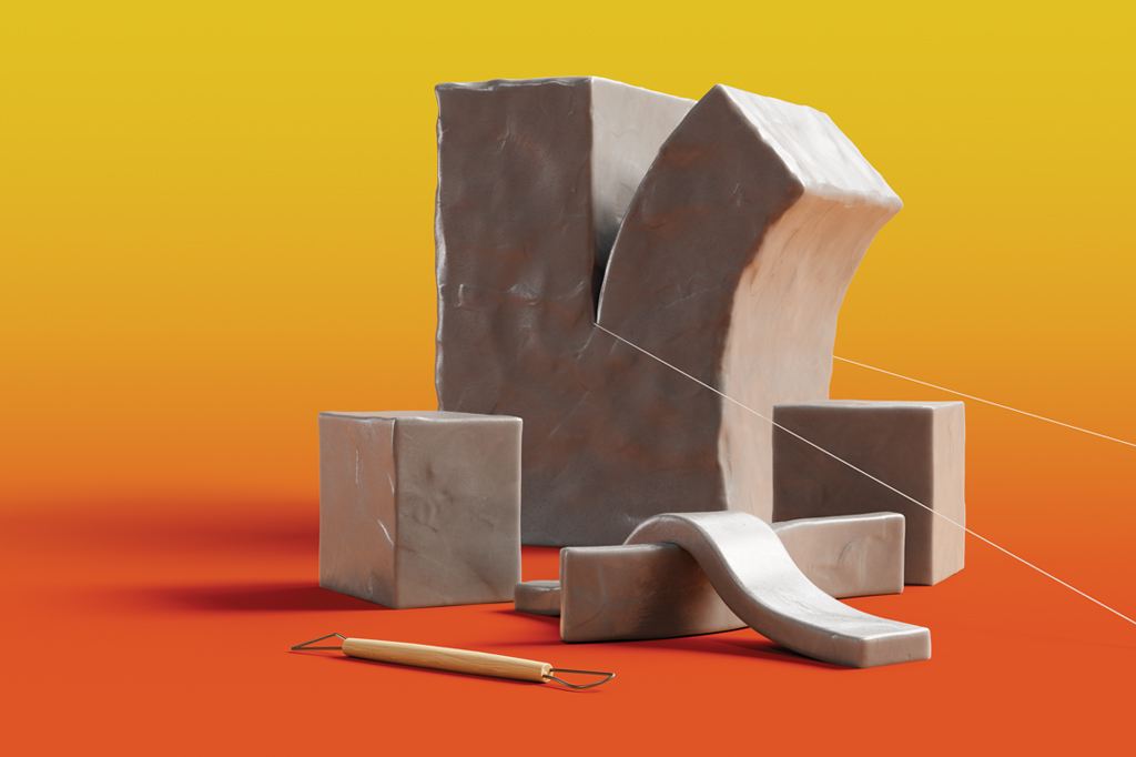 Imagem, em fundo degrad&ecirc; amarelo-laranja, de um bloco de argila para modelagem de esculturas sendo cortado por um fio de nylon.