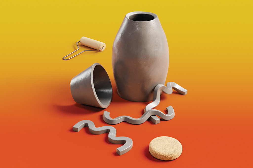 Imagem, em fundo degrad&ecirc; amarelo-laranja, de um vaso de argila quase finalizado. Ao lado, algumas ferramentas de arte.