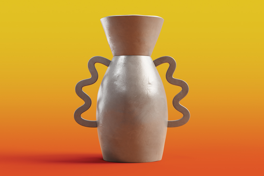 Imagem, em fundo degrad&ecirc; amarelo-laranja, de um vaso de argila rec&eacute;m modelado.