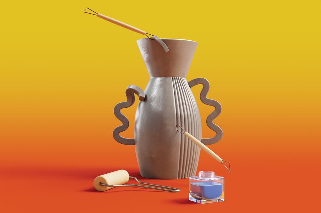 Imagem, em fundo degrad&ecirc; amarelo-laranja, de um vaso de argila, rec&eacute;m modelado, texturizado com esp&aacute;tulas. Ao lado, um rolo de pintura e um vidro de tinta.