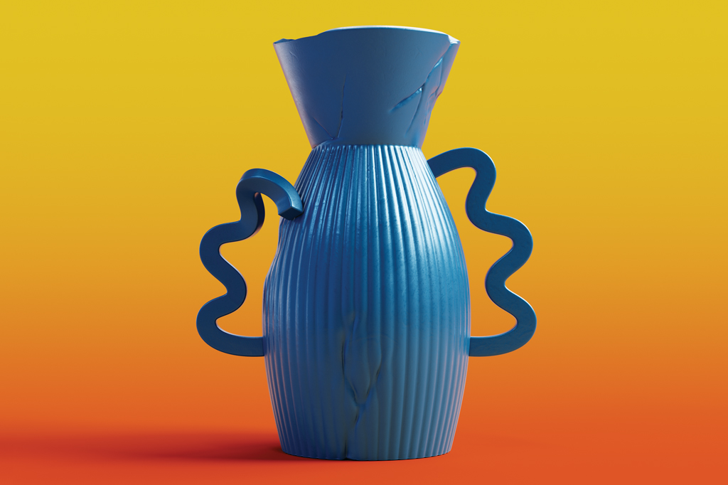 Imagem, em fundo degrad&ecirc; amarelo-laranja, de um vaso de argila pintado de azul.