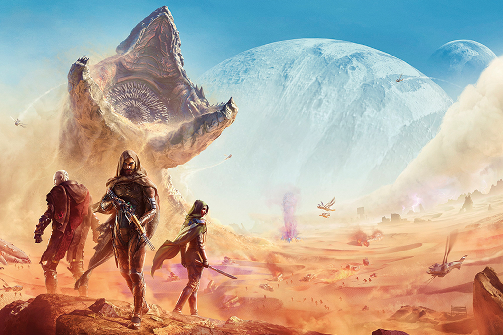 Imagem do jogo Duna. V&ecirc;-se tr&ecirc;s guerreiros usando mantos num deserto de areia. Atr&aacute;s deles, um monstro gigante em formato de minhoca. Mais ao fundo, v&ecirc;-se um imenso planeta branco.