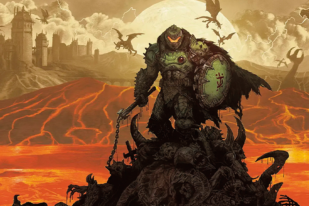 Imagem de um guerreiro parado em cima de uma pilha de ossos, usando armadura, carregando um martelo e um escudo. Ao fundo, v&ecirc;-se um rio de lava vulc&acirc;nica, um castelo e drag&otilde;es voando. Cena do jogo Doom.