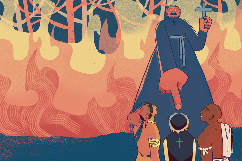 Ilustração, colorida, de um padre com semblante severo, segurando uma cruz nas mãos,apontando o dedo indicador para três pessoas.