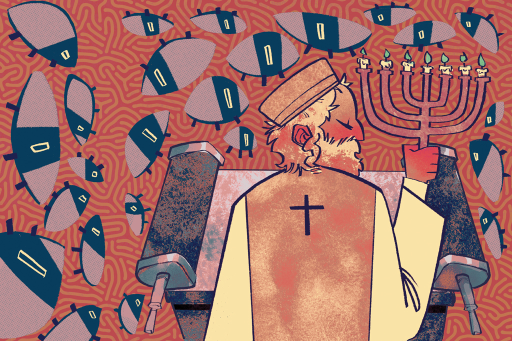 Ilustração, colorida, de um rabino lendo o Torá e segurando um castiçal judaico.