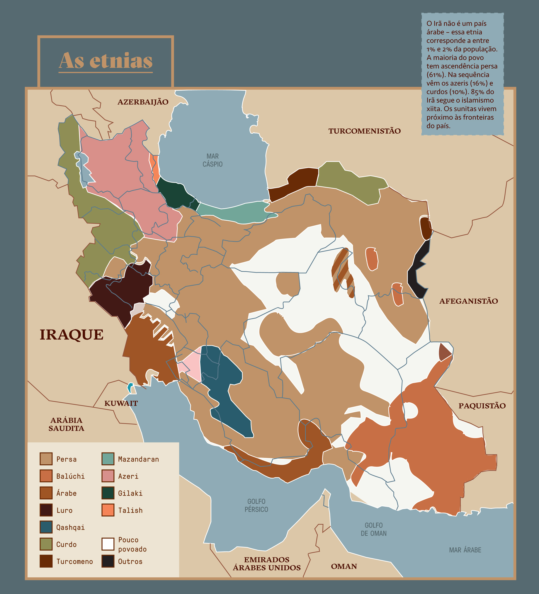 Mapa, em fundo azul, com informa&ccedil;&otilde;es das etnias do Ir&atilde;.