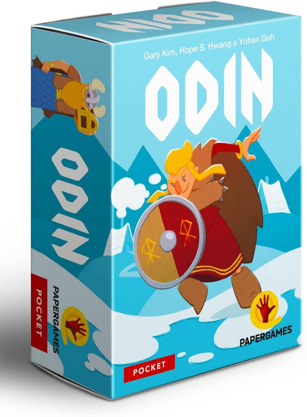 Imagem do jogo Odin. O fundo é azul com uma montanha cheia de neve. Na frente, há um guerreiro viking.