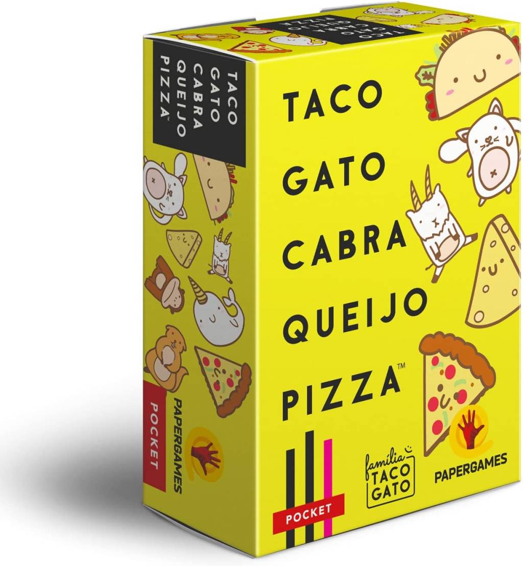 capa do jogo taco, gato, cabra, queijo, pizza. a embalagem é amarela e há desenhos que remetem ao nome do jogo.