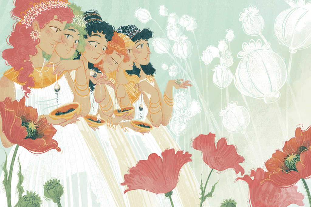 Ilustra&ccedil;&atilde;o colorida de seis mulheres da Roma Antiga, vestindo branco, segurando pequenas vasilhas. Em primeiro plano, v&ecirc;-se flores vermelhas.