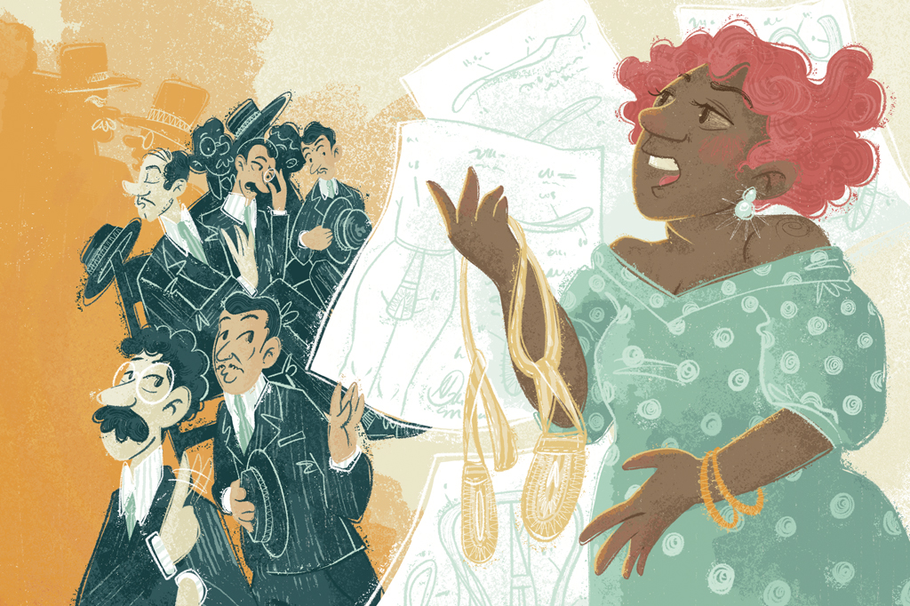 Ilustra&ccedil;&atilde;o colorida de uma mulher usando vestido verde, falando para um grupo de homens vestindo ternos pretos.