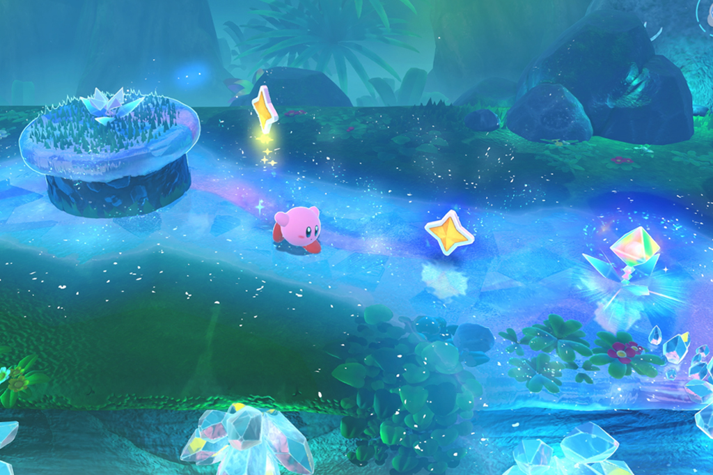 Imagem de Kiby, personagem de Mario Bros., correndo num trilha azul atr&aacute;s de estrelas.