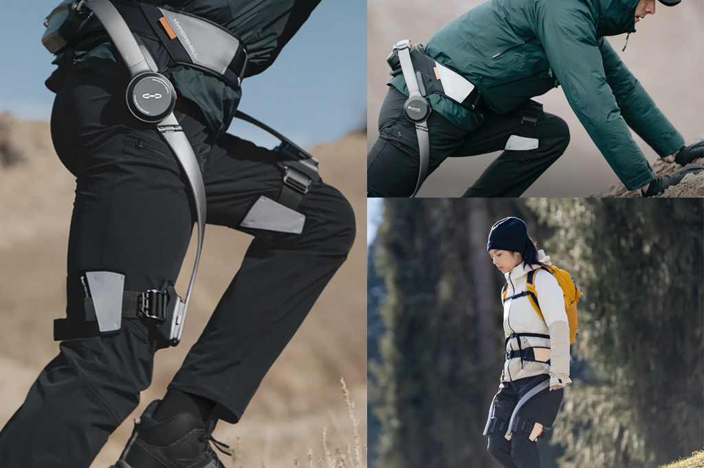 Imagem, dividida em tr&ecirc;s fotos, de um exoesqueleto sendo usado na pr&aacute;tica de esportes.