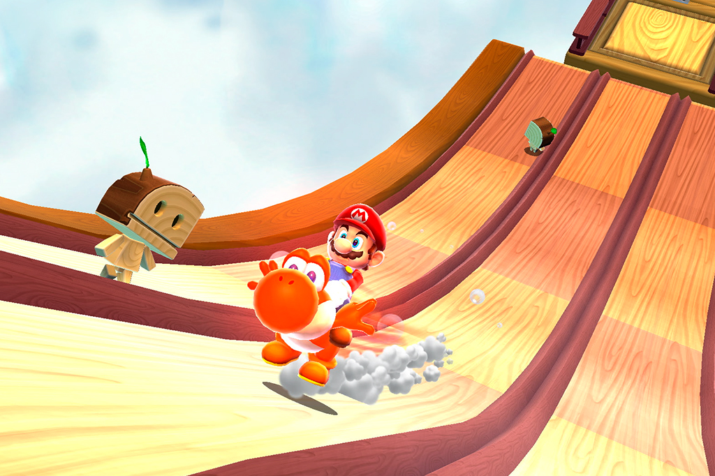 Captura de tela do jogo Super Mario Galaxy. Imagem do Mario correndo encima do personagem Yoshi.