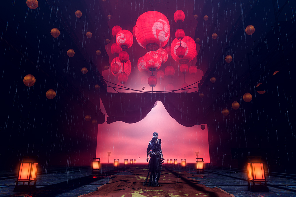 Captura de tela do jogo Ninja Gaiden, imagem com um personagem vestido de ninja centralizado embaixo de lanternas de papel.