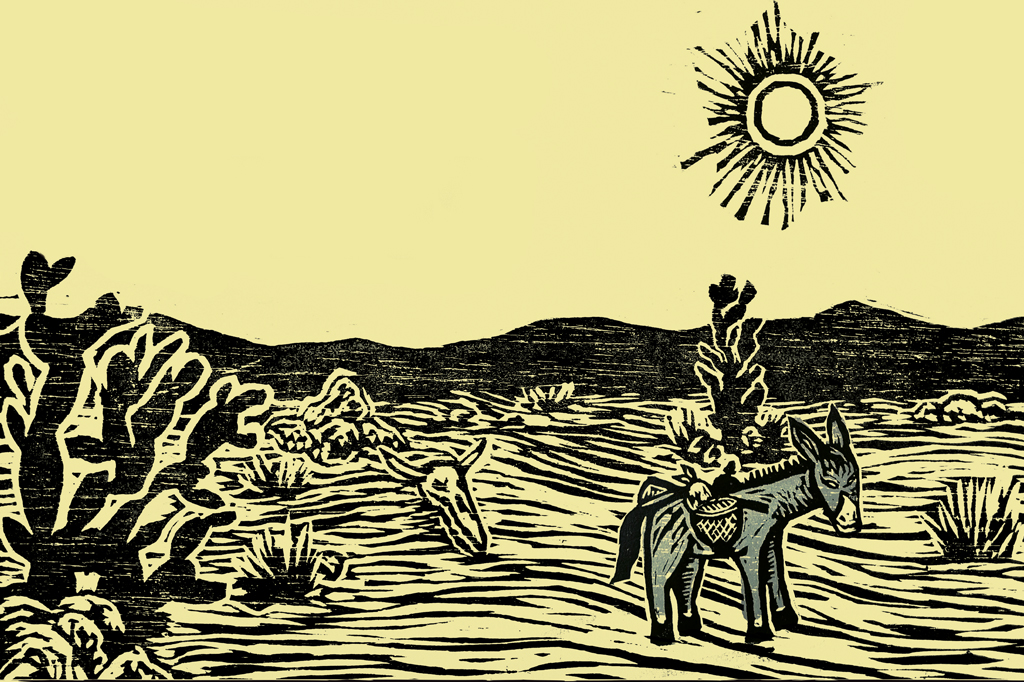 Imagem de uma xilogravura, em fundo amarelo. V&ecirc;-se um jumento carregando cestos numa &aacute;rea seca de caatinga. &Agrave; esquerda, um grande cacto e um esqueleto de boi. No alto o Sol.
