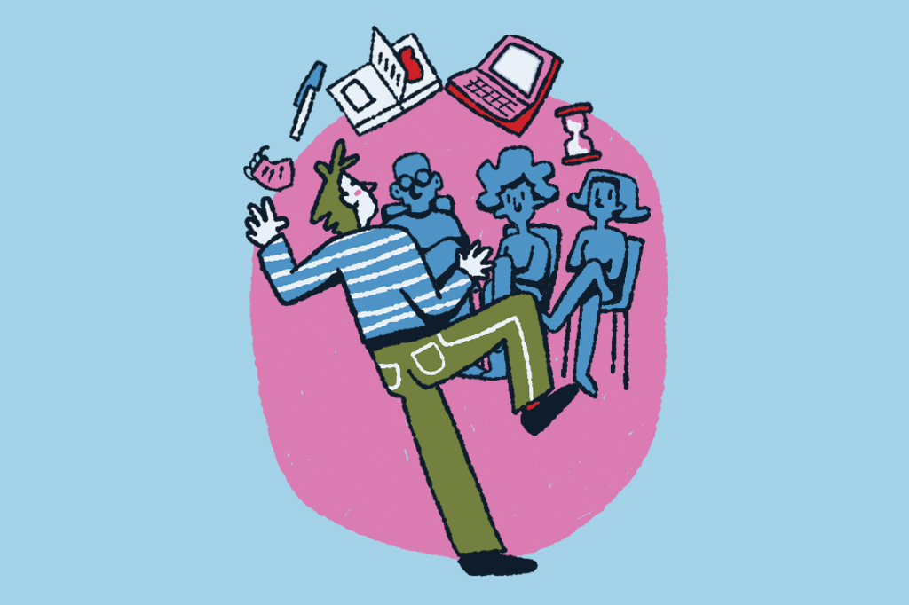 Ilustra&ccedil;&atilde;o, em fundo azul claro, de uma pessoa fazendo malabarismo com um notebook, uma caneta, uma ampulheta e dois blocos de anota&ccedil;&otilde;es.