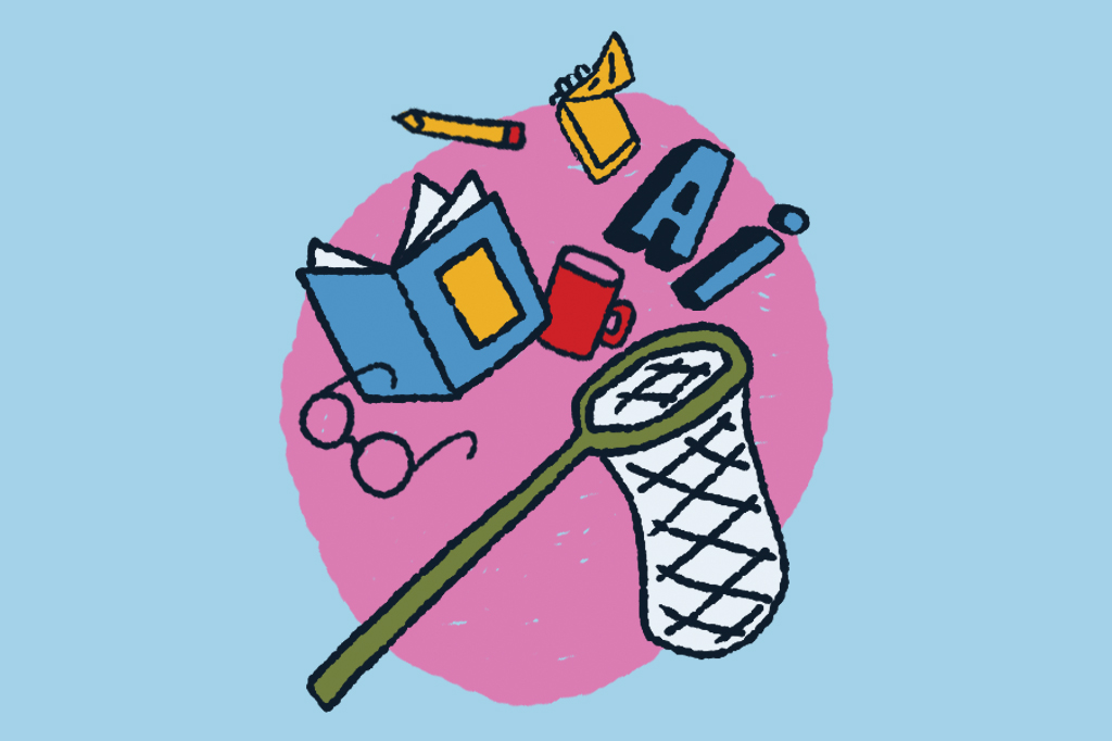 Ilustra&ccedil;&atilde;o, em fundo azul claro, de uma rede acompanhada de de um par de &oacute;culos, um livro, um l&aacute;pis, uma caneca.